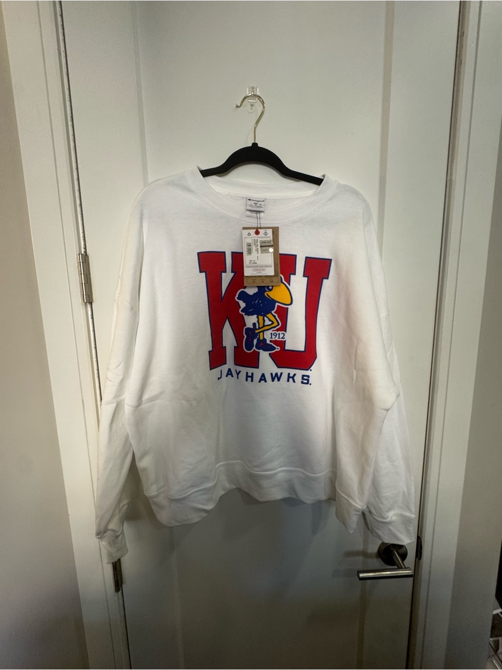 Champion White KU Jayhawks Logo Crewneck Sweatshirt